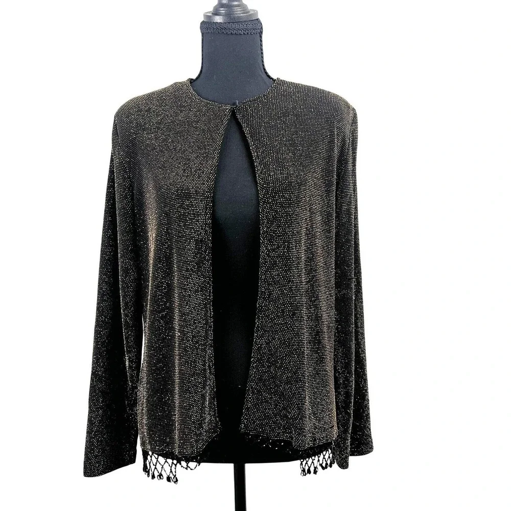 Ronni Nicole Petite Black Gold Metallic Beaded Fringe Open Cardigan Jacket Sz‎ M